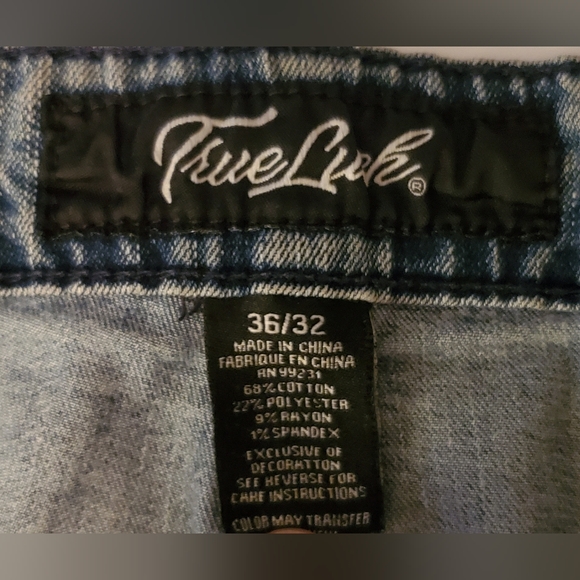 True Luck Jeans Mens 36x32 Blue Designer Moto Denim Worn Look Motorcycle Style - Picture 3 of 10